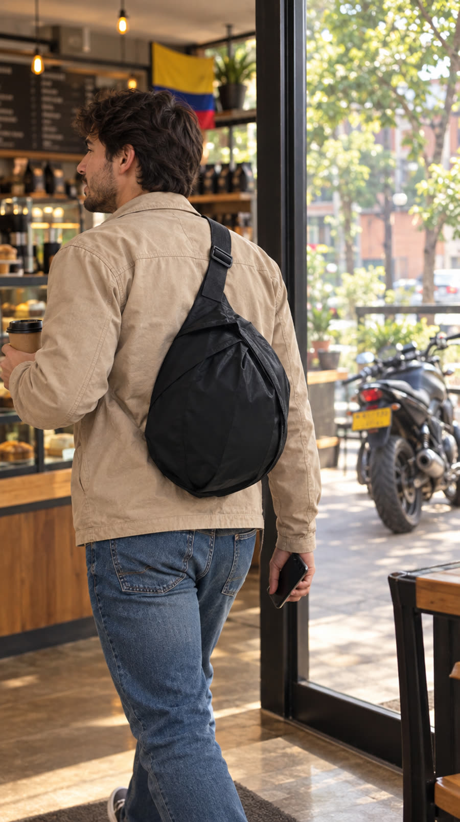 Motero que se baja de la moto con la tula a la espalda