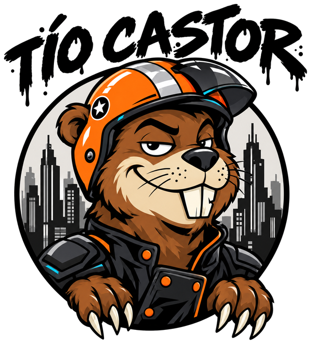 Tío Castor, el castor con casco de moto naranja