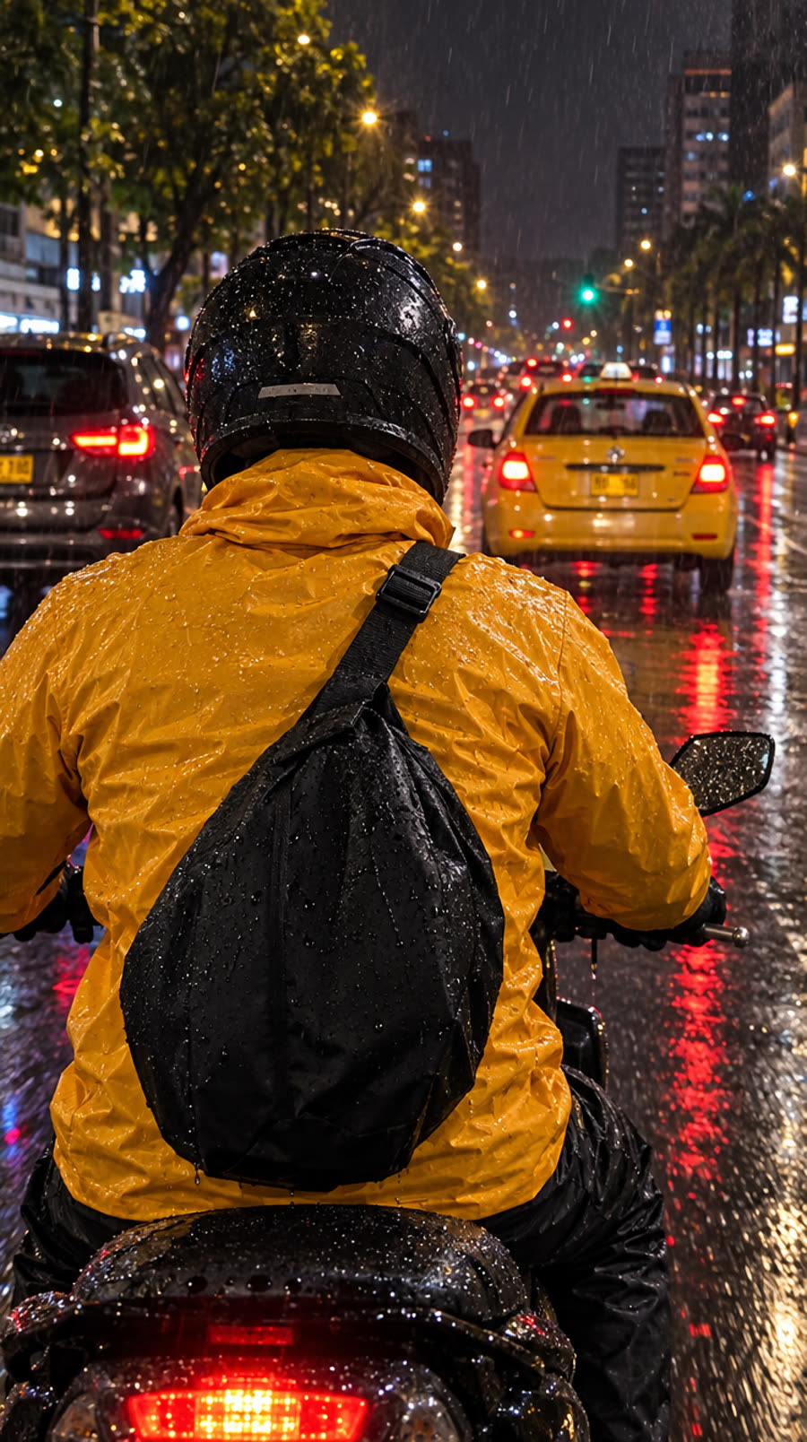 Tula negra bajo la lluvia con el agua resbalando por la tela